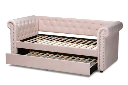 Baxton Studio Mabelle Modern and Contemporary Light Pink Velvet Upholstered Daybed with Trundle