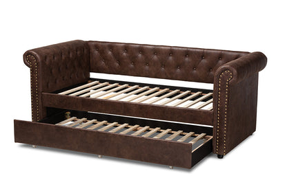 Baxton Studio Mabelle Modern and Contemporary Brown Faux Leather Upholstered Daybed with Trundle