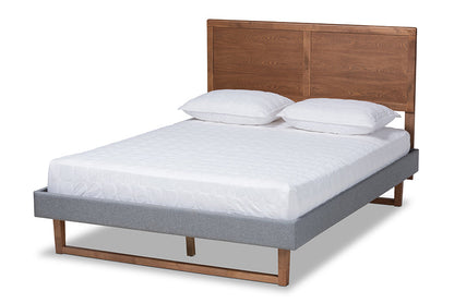 Baxton Studio Allegra Mid-Century Modern Dark Grey Fabric Upholstered and Ash Walnut Brown Finished Wood Full Size Platform Bed