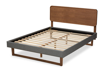 Baxton Studio Ayla Mid-Century Modern Dark Grey Fabric Upholstered Walnut Brown Finished Wood Full Size Platform Bed
