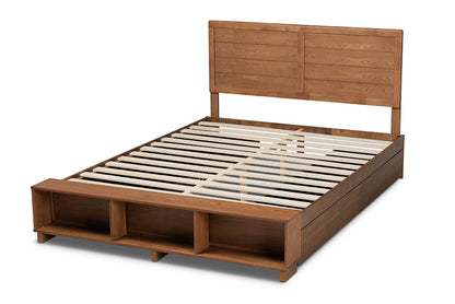 Baxton Studio Alba Modern Transitional Ash Walnut Brown Finished Wood Full Size 4-Drawer Platform Storage Bed with Built-In Shelves