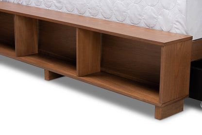 Baxton Studio Alba Modern Transitional Ash Walnut Brown Finished Wood Full Size 4-Drawer Platform Storage Bed with Built-In Shelves