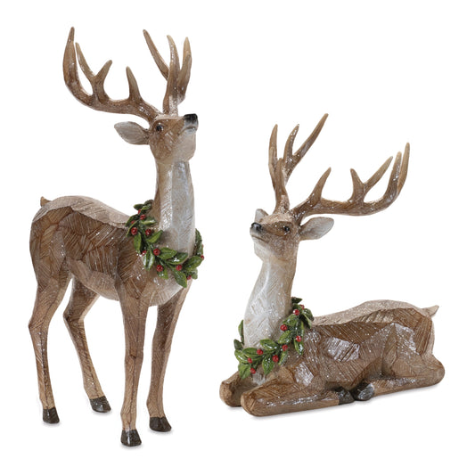 Glittered Deer with Holly Wreath (Set of 2)