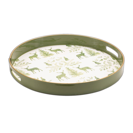 Round Deer and Pine Tree Print Tray 13.5"H