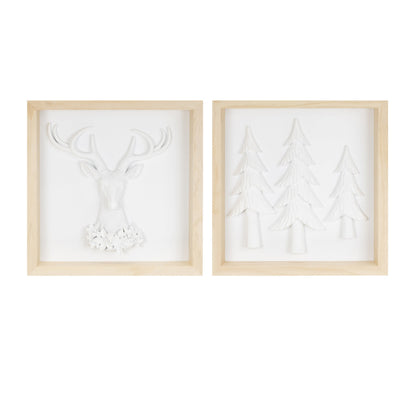 Framed Holiday Deer and Tree Artwork (Set of 2)