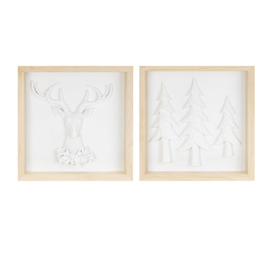 Framed Holiday Deer and Tree Artwork (Set of 2)