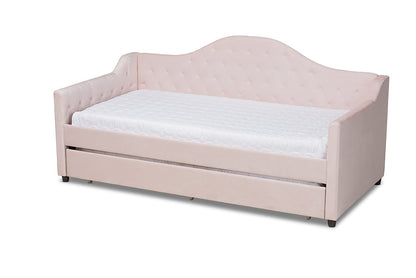 Baxton Studio Perry Modern and Contemporary Light Pink Velvet Fabric Upholstered and Button Tufted Twin Size Daybed with Trundle