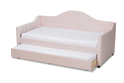 Baxton Studio Perry Modern and Contemporary Light Pink Velvet Fabric Upholstered and Button Tufted Twin Size Daybed with Trundle