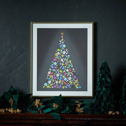 Holiday Jewel Tree Print Under Glass 23.5"H