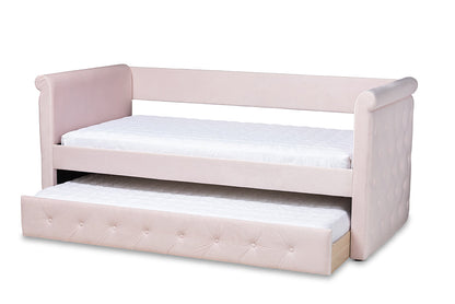 Baxton Studio Amaya Modern and Contemporary Light Pink Velvet Fabric Upholstered Twin Size Daybed with Trundle