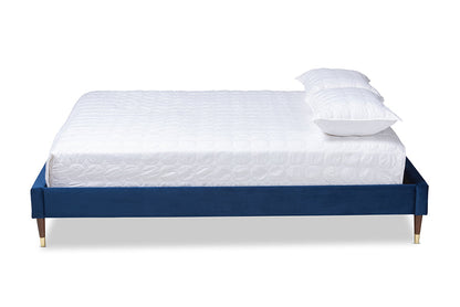 Baxton Studio Volden Glam and Luxe Navy Blue Velvet Fabric Upholstered Full Size Wood Platform Bed Frame with Gold-Tone Leg Tips