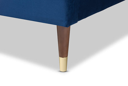 Baxton Studio Volden Glam and Luxe Navy Blue Velvet Fabric Upholstered Full Size Wood Platform Bed Frame with Gold-Tone Leg Tips