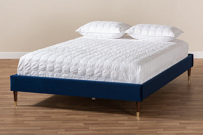 Baxton Studio Volden Glam and Luxe Navy Blue Velvet Fabric Upholstered Full Size Wood Platform Bed Frame with Gold-Tone Leg Tips
