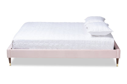 Baxton Studio Volden Glam and Luxe Light Pink Velvet Fabric Upholstered Full Size Wood Platform Bed Frame with Gold-Tone Leg Tips