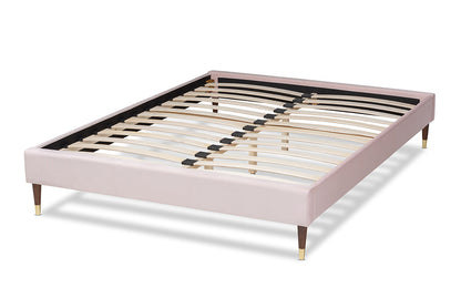 Baxton Studio Volden Glam and Luxe Light Pink Velvet Fabric Upholstered Full Size Wood Platform Bed Frame with Gold-Tone Leg Tips
