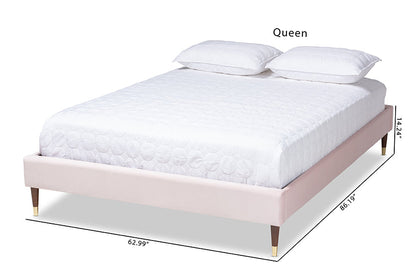 Baxton Studio Volden Glam and Luxe Light Pink Velvet Fabric Upholstered Full Size Wood Platform Bed Frame with Gold-Tone Leg Tips