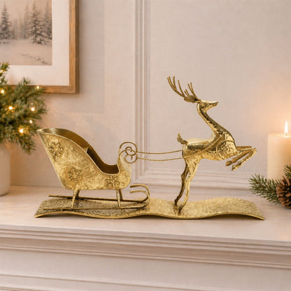 Hammered Metal Deer with Sleigh 25.5"L