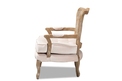 Baxton Studio Vallea Traditional French Provincial Light Beige Velvet Fabric Upholstered White-Washed Oak Wood Armchair