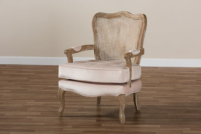 Baxton Studio Vallea Traditional French Provincial Light Beige Velvet Fabric Upholstered White-Washed Oak Wood Armchair