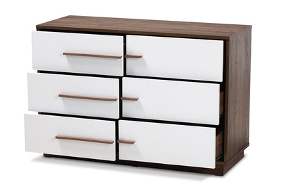 Baxton Studio Mette Mid-Century Modern Two-Tone White and Walnut Finished 6-Drawer Wood Dresser