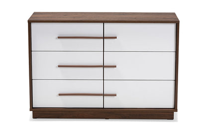Baxton Studio Mette Mid-Century Modern Two-Tone White and Walnut Finished 6-Drawer Wood Dresser