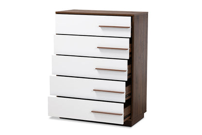 Baxton Studio Mette Mid-Century Modern Two-Tone White and Walnut Finished 5-Drawer Wood Chest
