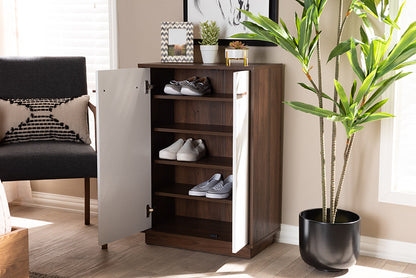 Baxton Studio Mette Mid-Century Modern Two-Tone White and Walnut Finished 5-Shelf Wood Entryway Shoe Cabinet