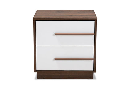 Baxton Studio Mette Mid-Century Modern Two-Tone White and Walnut Finished 2-Drawer Wood Nightstand