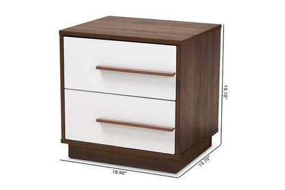 Baxton Studio Mette Mid-Century Modern Two-Tone White and Walnut Finished 2-Drawer Wood Nightstand