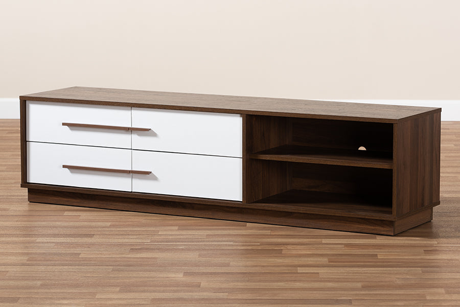 Baxton Studio Mette Mid-Century Modern Two-Tone White and Walnut Finished 4-Drawer Wood TV Stand