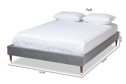 Baxton Studio Volden Glam and Luxe Charcoal Velvet Fabric Upholstered Full Size Wood Platform Bed Frame with Gold-Tone Leg Tips