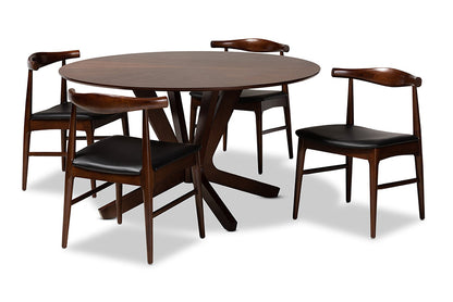 Baxton Studio Berlin Mid-Century Modern Black Faux Leather Upholstered Walnut Finished 5-Piece Wood Dining Set