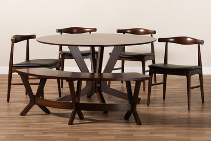 Baxton Studio Berlin Mid-Century Modern Black Faux Leather Upholstered Walnut Finished 6-Piece Wood Dining Set