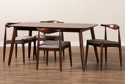 Baxton Studio Aeron Mid-Century Modern Light Gray Fabric Upholstered Walnut Finished Wood 5-Piece Dining Set