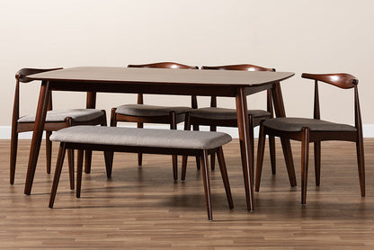 Baxton Studio Aeron Mid-Century Modern Light Gray Fabric Upholstered Walnut Finished Wood 6-Piece Dining Set