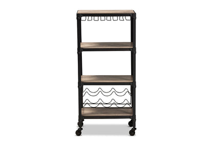 Baxton Studio Swanson Rustic Industrial Style Antique Black Textured Metal Distressed Oak Finished Wood Mobile Kitchen Bar Wine Cart