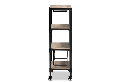 Baxton Studio Swanson Rustic Industrial Style Antique Black Textured Metal Distressed Oak Finished Wood Mobile Kitchen Bar Wine Cart