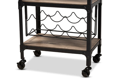 Baxton Studio Swanson Rustic Industrial Style Antique Black Textured Metal Distressed Oak Finished Wood Mobile Kitchen Bar Wine Cart