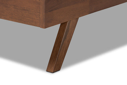 Baxton Studio Brita Mid-Century Modern Grey Fabric Upholstered Walnut Finished Wood King Size Bed