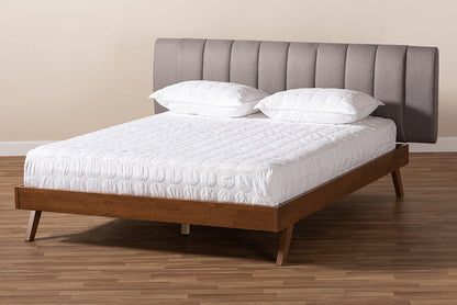 Baxton Studio Brita Mid-Century Modern Grey Fabric Upholstered Walnut Finished Wood King Size Bed
