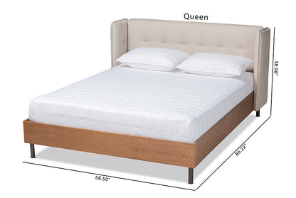 Baxton Studio Catarina Mid-Century Modern Light Beige Fabric Upholstered Walnut Finished Wood King Size Wingback Platform Bed