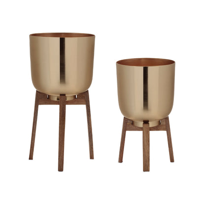 Round Metal Planter with Wooden Stand (Set of 2)