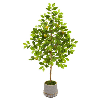 52" Lemon Artificial Tree in Stoneware Vase with Gold Trimming