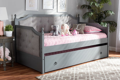 Baxton Studio Mara Classic and Traditional Grey Fabric Upholstered Grey Finished Wood Twin Size Daybed with Trundle