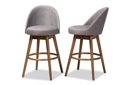 Baxton Studio Carra Mid-Century Modern Grey Fabric Upholstered Walnut-Finished Wood Swivel Bar Stool Set of 2