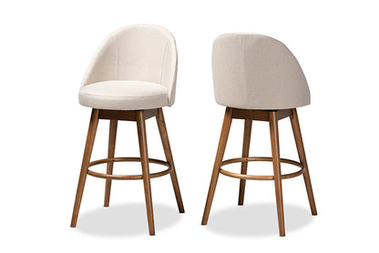 Baxton Studio Carra Mid-Century Modern Light Beige Fabric Upholstered Walnut-Finished Wood Swivel Bar Stool Set of 2