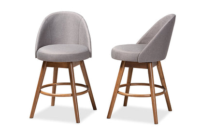Baxton Studio Carra Mid-Century Modern Grey Fabric Upholstered Walnut-Finished Wood Swivel Counter Stool Set of 2
