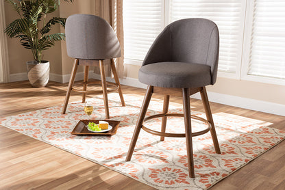 Baxton Studio Carra Mid-Century Modern Grey Fabric Upholstered Walnut-Finished Wood Swivel Counter Stool Set of 2
