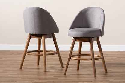 Baxton Studio Carra Mid-Century Modern Grey Fabric Upholstered Walnut-Finished Wood Swivel Counter Stool Set of 2