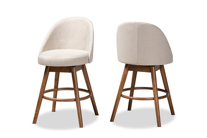 Baxton Studio Carra Mid-Century Modern Light Beige Fabric Upholstered Walnut-Finished Wood Swivel Counter Stool Set of 2